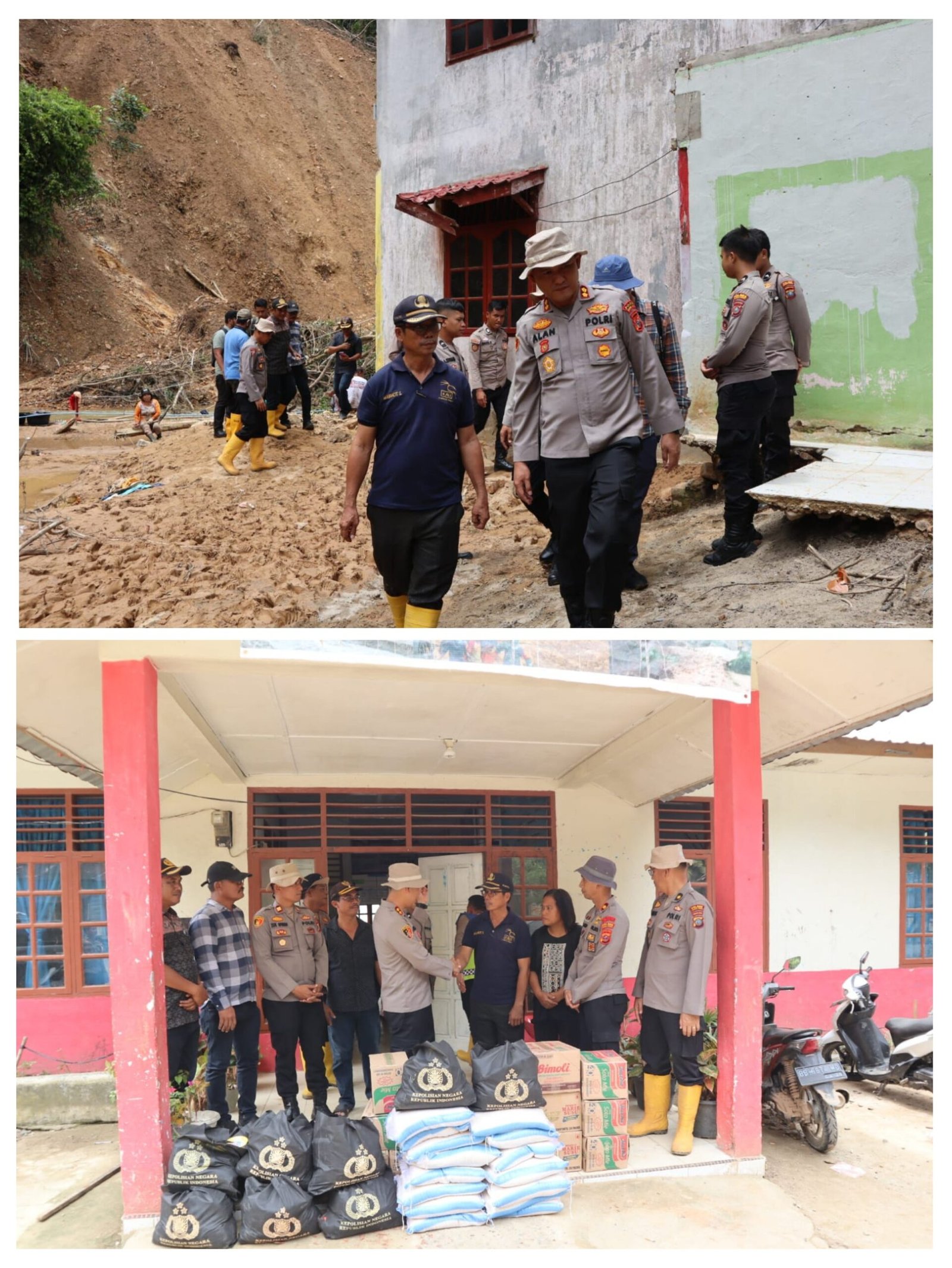 Kapolres Tapteng AKBP M. Alan Haikel saat meninjau lokasi tanah longsor sekaligus menyerahkan bantuan sembako di Kecamatan Sitahuis, Kamis (19/2/2026)