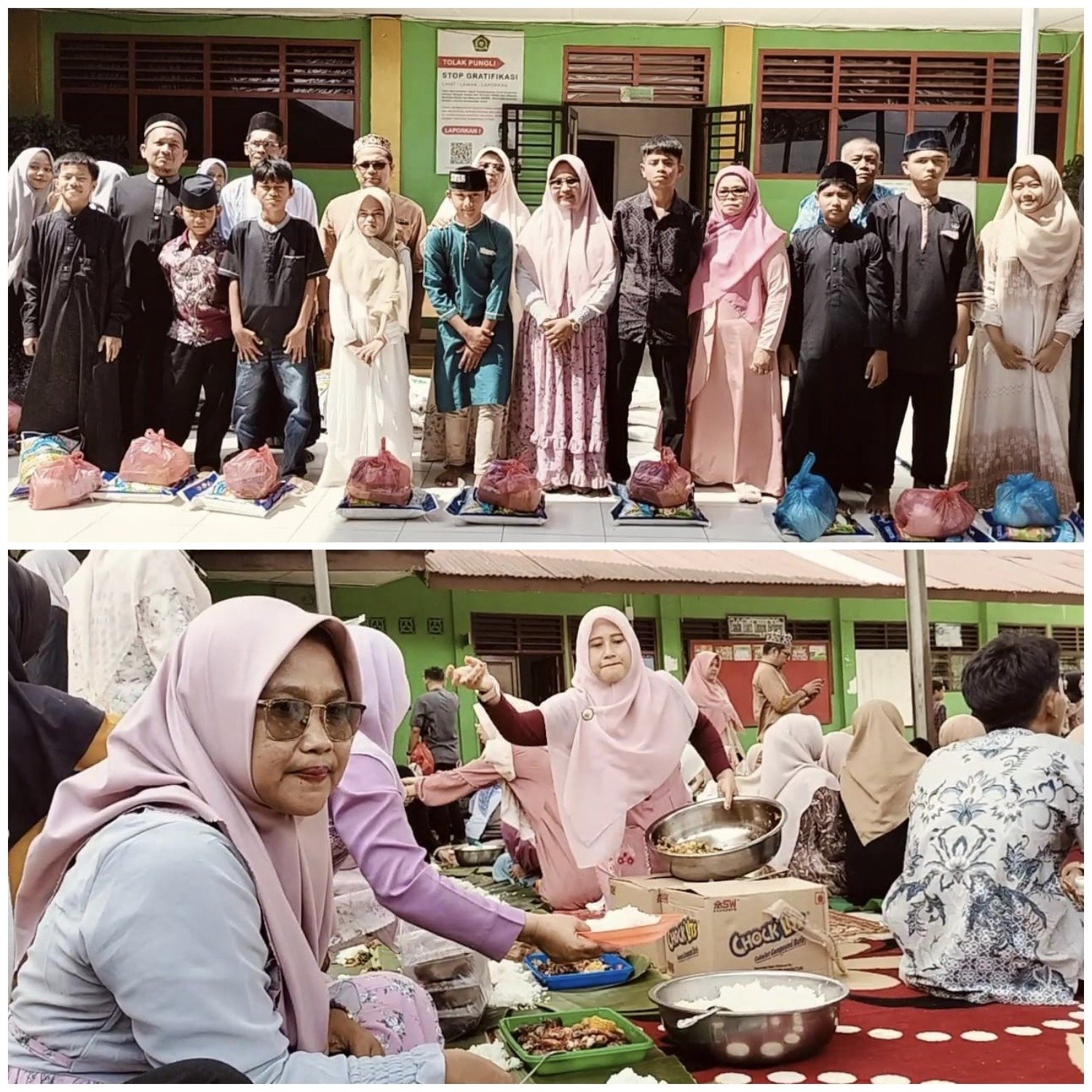 Atas { MTsN Kota Pematangsiantar foto bersama usai santuni anak yatim, (bawah) Kamad) Nurhayati, saat makan bersama para guru, komite, anak didik, serta para undangan.