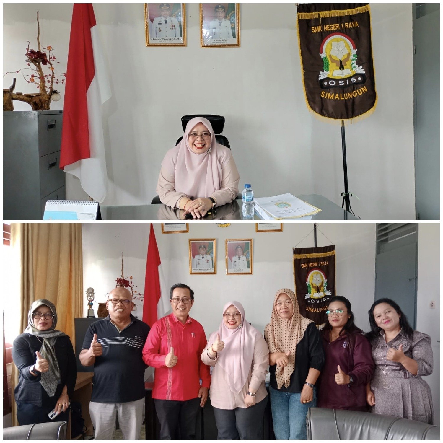 Atas : Dwi Rahayu Kepsek SMKN 1 Raya, Kepsek foto bersama Ketua Komite, dan PWI Siantar - Simalungun. 