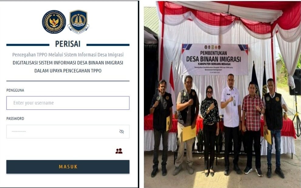 KIRI : Website PERISAI, (kanan) Kepala Kantor Imigrasi Kelas II TPI Pematangsiantar Benyamin Kali Patembal Harahap foto bersama Desa Binaan Imigrasi.