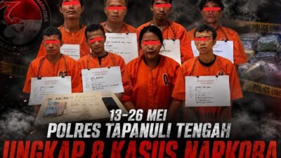 Para tersangka narkotika yang berhasil diamankan Polres Tapteng saat penyidikan di Mako Polres Tapteng, Kamis (28/5/2026).