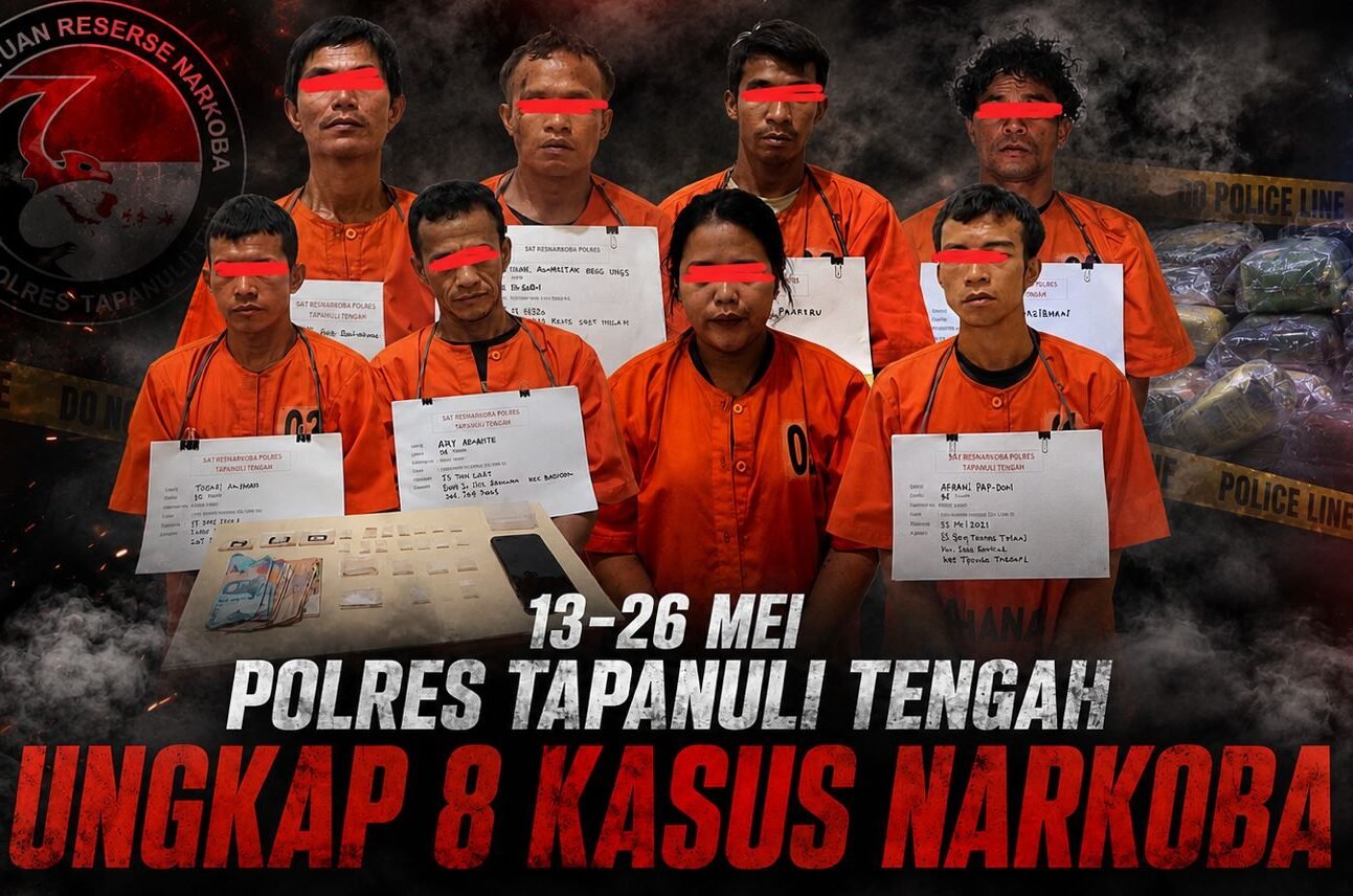Para tersangka narkotika yang berhasil diamankan Polres Tapteng saat penyidikan di Mako Polres Tapteng, Kamis (28/5/2026).